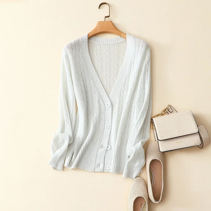 spring new cable knitted deep v neck casual cardigan femael high quality cashmere merino cardigan