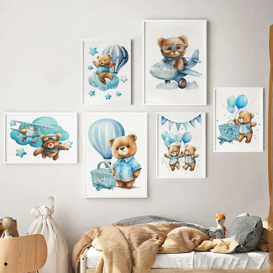 

Cute Bear Airplane Hot Air Balloon Cloud Star Animal Poster Nursery Set Wall Art Prints Canvas Painting Pictures Kids Room Decor