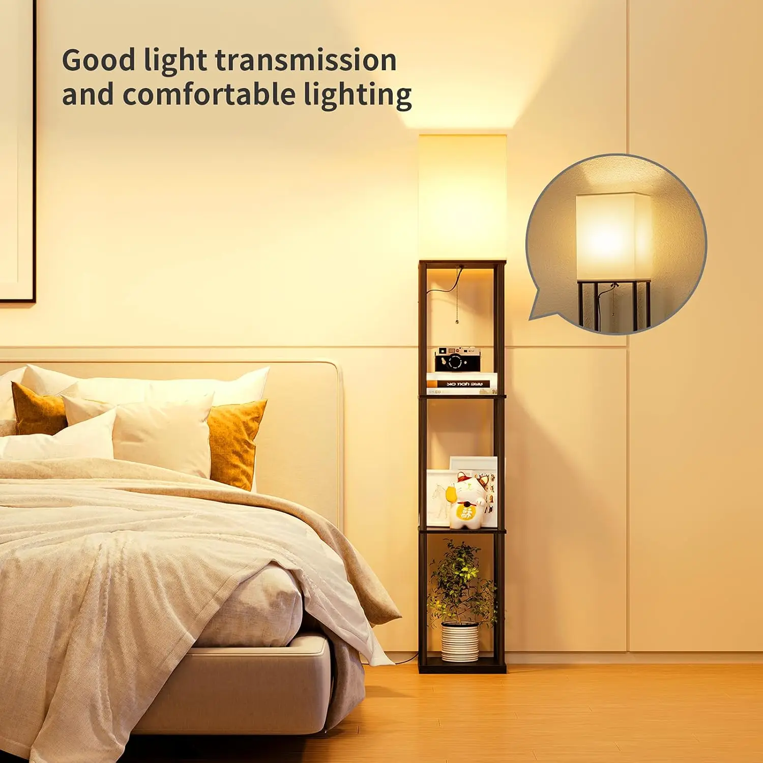 Floor Lamp with Shelves, Modern Square Standing Lamp with 3 Color Temperature Bulb, Corner Display Bookshelf Lamp