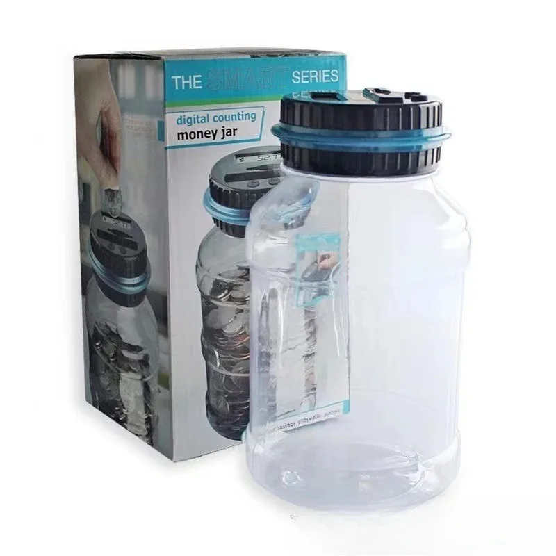 Coin Bucket Money Bank Large Capacity Transparent Saving Jar US Dollar Euro Pound Saving Jar Smart Counting 1.8L