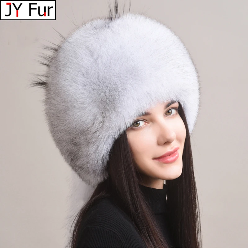 Winter Fur Hat Women Natural Raccoon Fox Fur Russian Hats Winter Outdoor Thick Warm Bomber Ears Caps