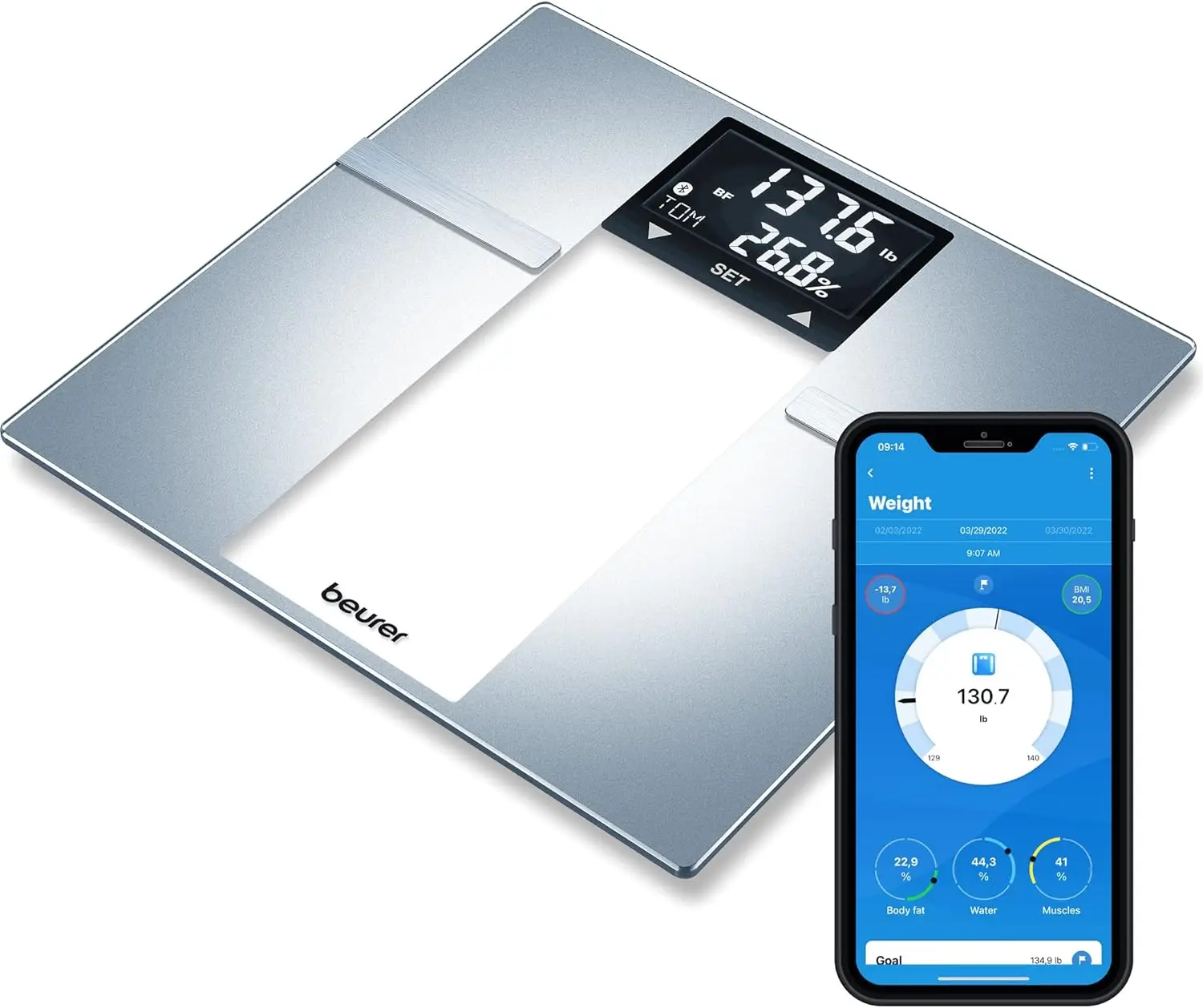 

Smart Digital Bathroom Scale with Bluetooth App, Body Composition Analysis, 400 lb Capacity, XL LCD Display - Grey