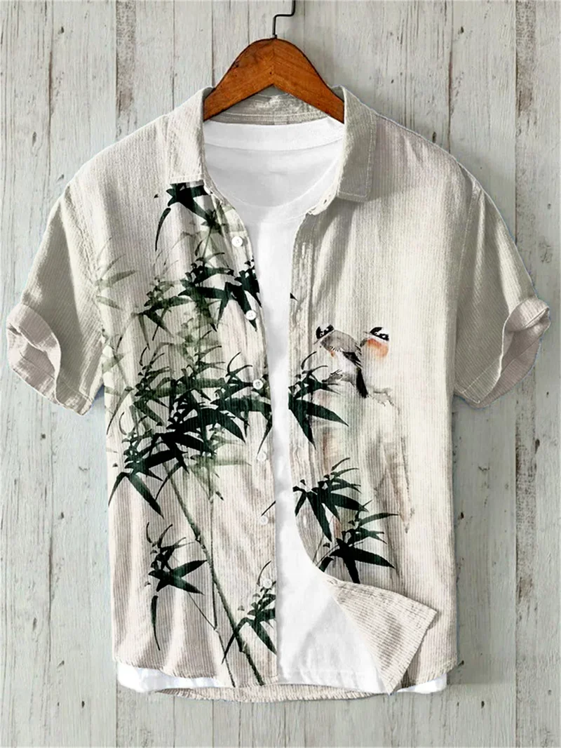 

Chinese style Four Gentlemen Bamboo Printed Comfortable Linen Men's Shirt