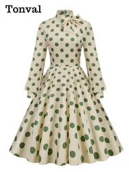 Tonval Bow Neck Bishop Sleeve Vintage Polka Dot Print Elegant Midi Dress 2023 Spring Fall Outfits Women 50s Retro Pocket Dresses