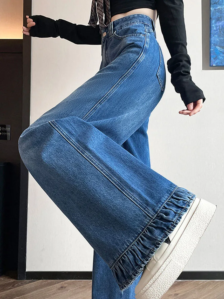 Wrinkled Wide Leg Vintage Jeans Women's Casual Baggy High Waisted Vaqueros Streetwear Loose Fashion Bootcut Straight Denim Pants