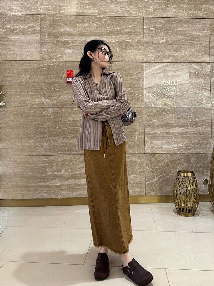 

Slim Fit High Slit Casual Skirt Women's Autumn Winter Thin Khaki Retro Versatile Elegant Long Skirt Cover Hip Korean Style