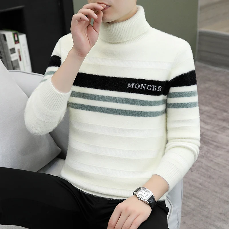 

High Collar Men's Knitted Sweater Autumn Winter 2025 New Sle Overhead Warmth Polyester Fiber Long Sve Ci Walk Faion