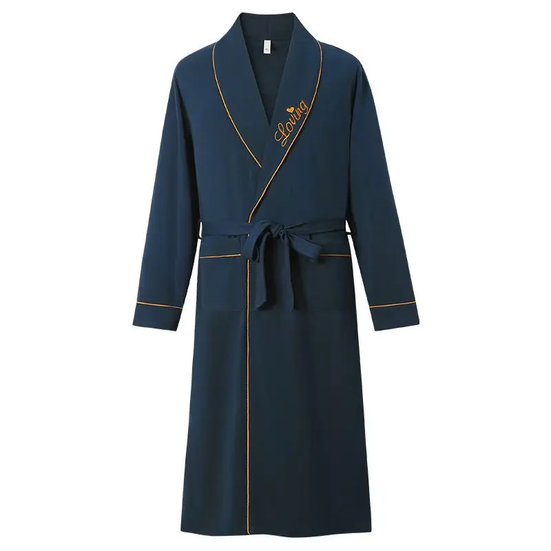 Shower Robe Men's Solid Color Cotton Bathrobe With Belt - Long Sleeve Spring Autumn Nightwear Housecoat Dressing Gown