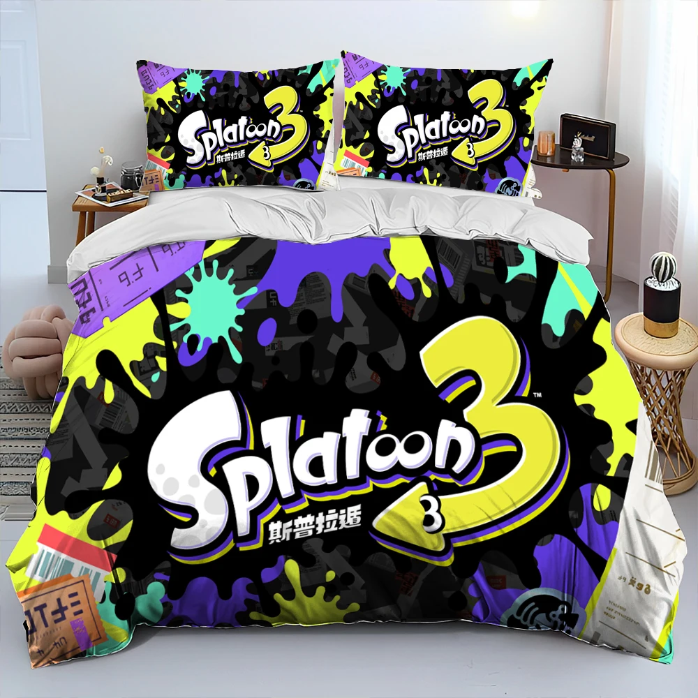 S-Splatoon Game Gamer Cartoon Comforter Bedding Set,Duvet Cover Bed Set Quilt Cover Pillowcase,King Queen Size Bedding Set Kids