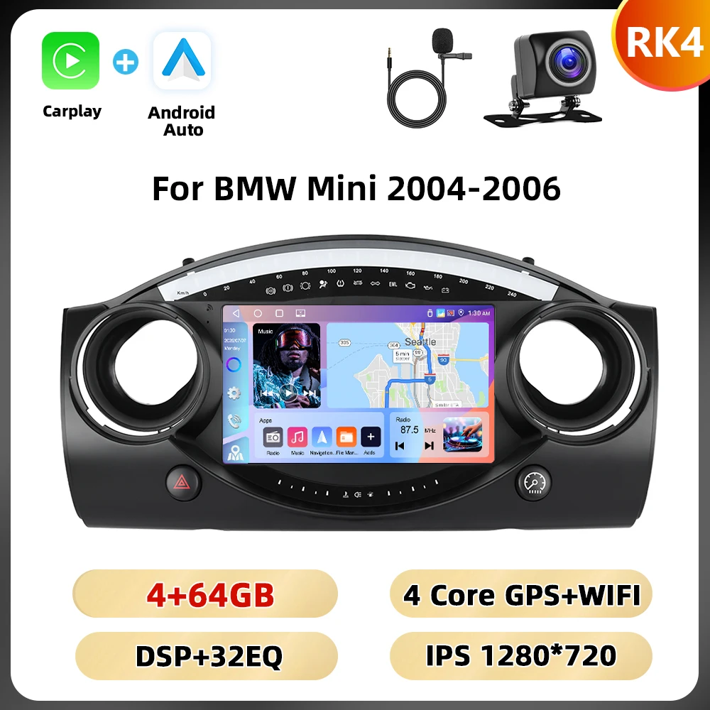 Podofo 8+128G 8-core autoradio voor BMW Mini 2004-2006 multimediaspeler Android Auto Carplay WIFI 4G Qualcomm AI spraakbesturing auto-audio