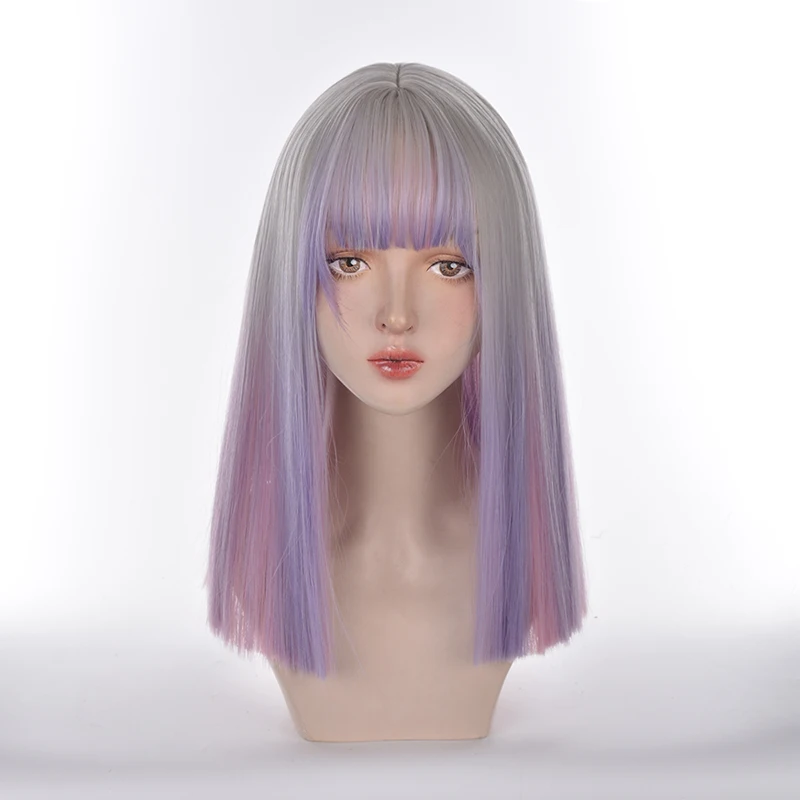 VICWIG Female Medium Long Synthetic Wig Cosplay Lolita Natural Gradient Green Purple Pink Color Student Soft Girl Straight Bangs