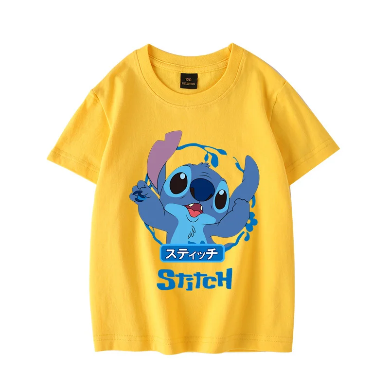 Camiseta de dibujos animados de Disney Stitch para niños, ropa cómoda y versátil de verano, 100% algodón, bonita e interesante, informal