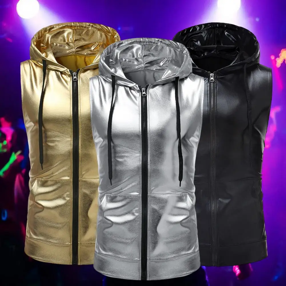 

Solid Color Men Vest Sleeveless Hooded Vest Coat Stylish Men's Hooded Vest with Drawstring Sleeveless Design Zipper Closure