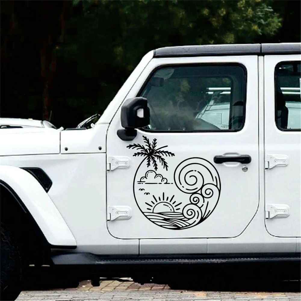 

Line Surf and Sun Wave Car Sticker Windshield Hood Bonnet Palm Tree Beach Landscape Auto Vehicle Decal for Jeep Suv