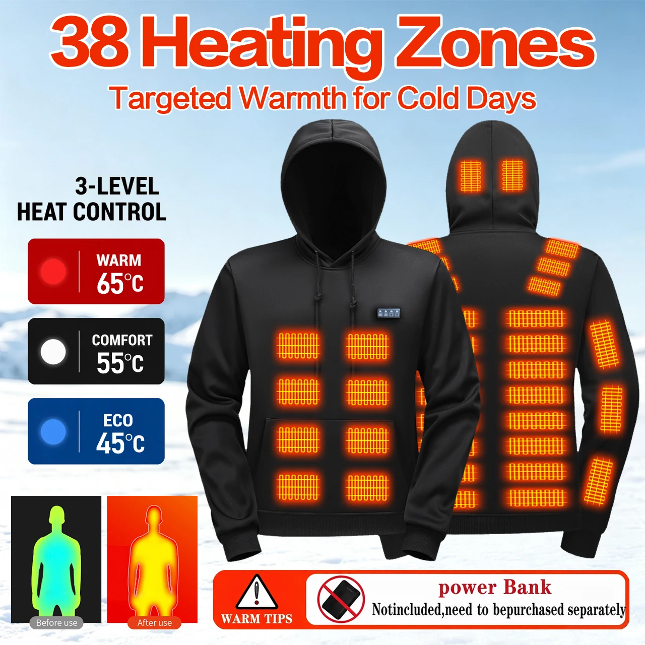 Unisex Pullover Heated Hoodie USB Rechargeable Full Body Heating Zones Electric Thermal Warm Fleece Lined Hooded Sweatshirt Wint - view 6