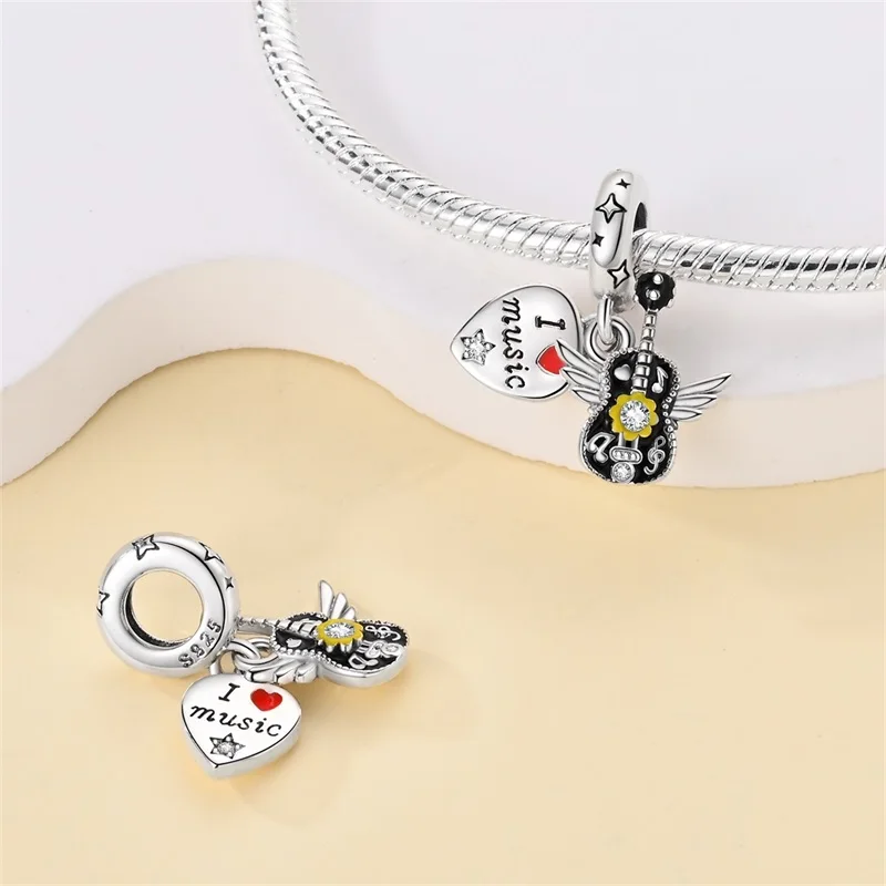 Romantic Music Charms Beads 925 Sterling Silver Piano Violin Red Guitar Punk Saxophone Pendants Fit Qikaola Bracelet DIY Jewelry