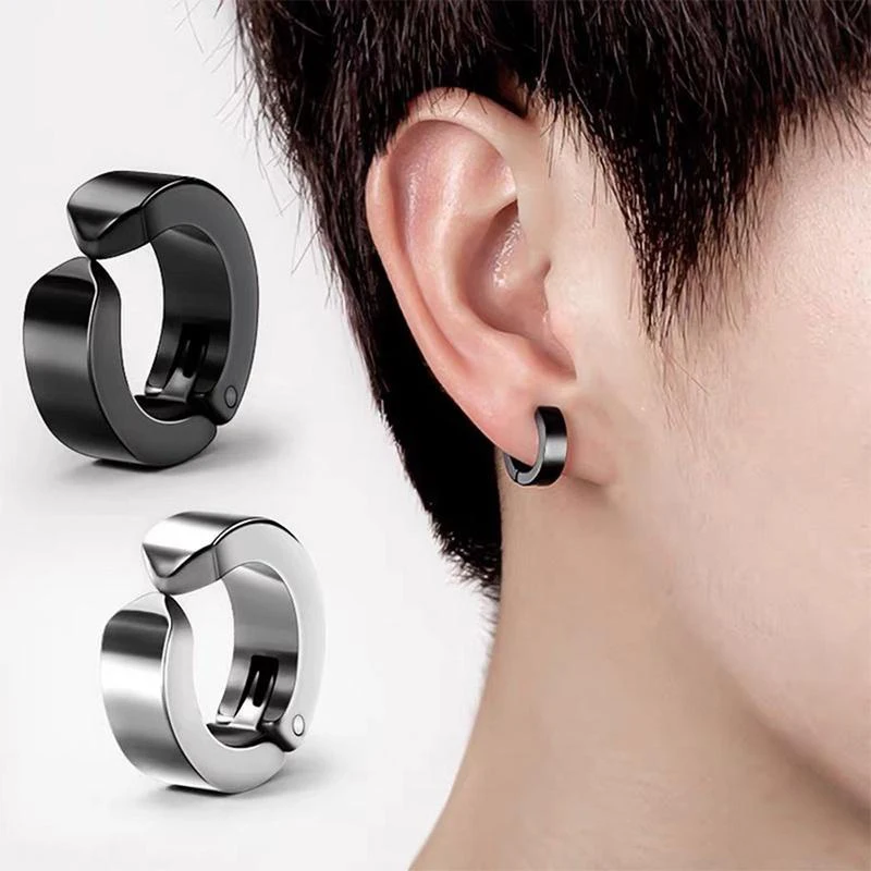 2 Pcs Classic Korean Punk Stainless Steel Ear Clip Earrings for Men Women Black No Pierced Fake Ear Circle New Pop Jewelry image 6