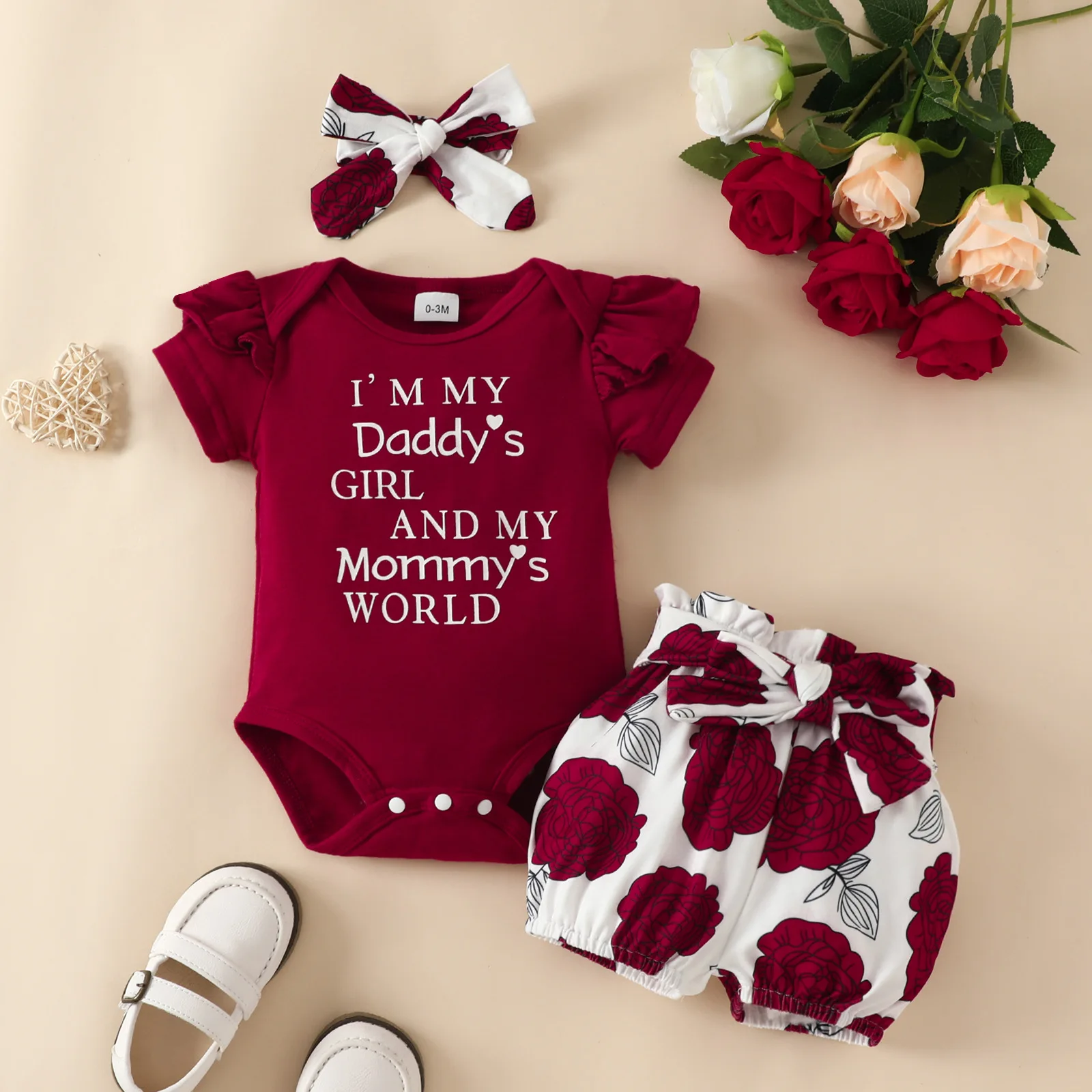 Baby Short Sleeve Girl Letter Summer Triangle Bodysuit and Belt Flower Cute Pants with headband 3489아동 상하복 세트
