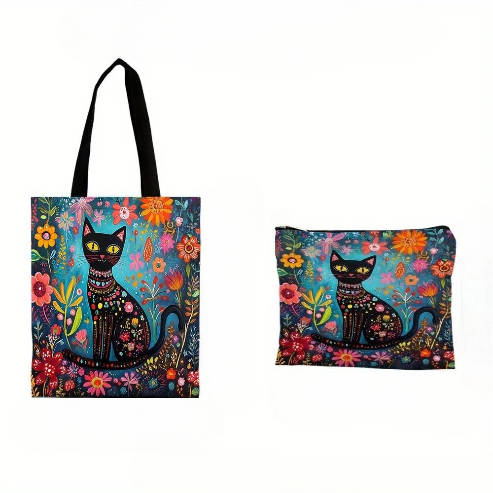 Black Cat Surrounded By Bright Flowers Tote Bag with Makeup Bag Travel Toiletry Pouch Eco Foldable Reusable Shopping Bag