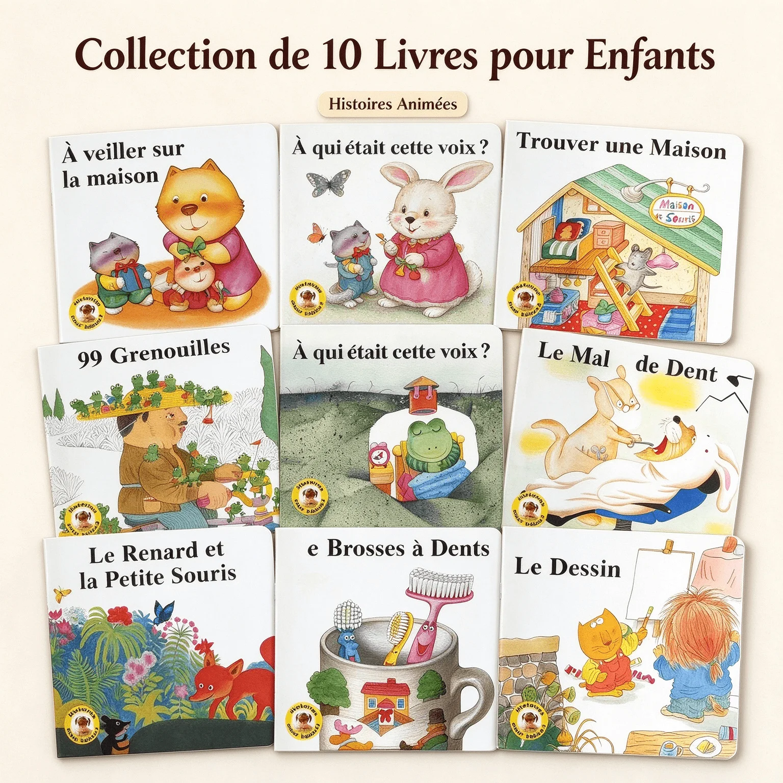 A 10-volume set of French bedtime storybooks—featuring lively, cartoon-style illustrations that spark an interest in reading.