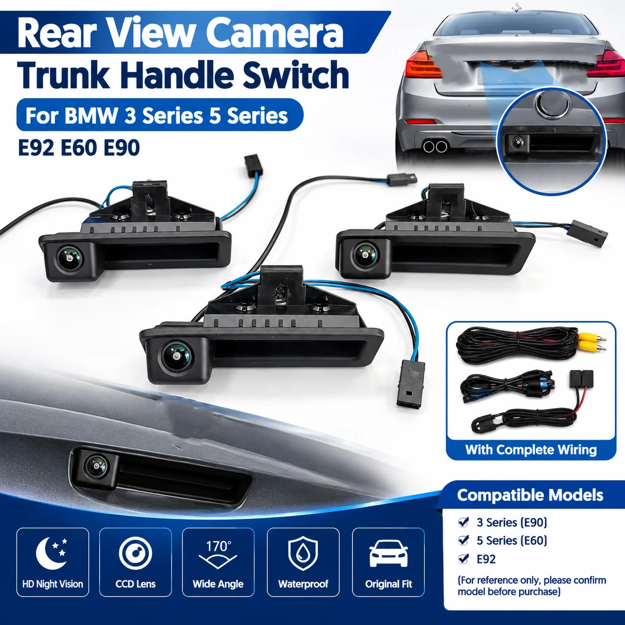 Rear View Backup Camera Trunk Handle Switch for BMW E90 E92 E60 3 Series 5 Series AHD CCD Reverse Camera with Wiring