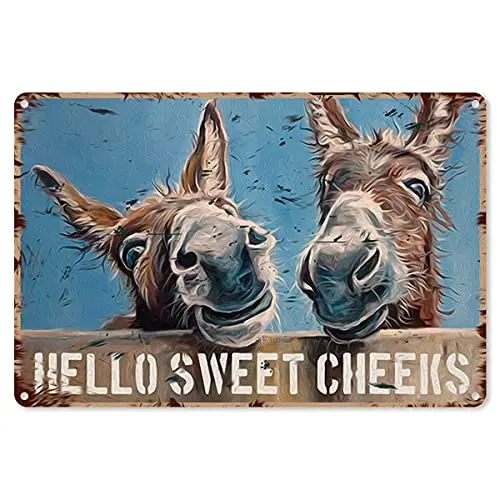 ForbiddenPaper Funny Bathroom Quote Metal Tin Sign Wall Decor - Vintage Hello Sweet Cheeks Donkeys Tin Sign for Toilet Bathroom