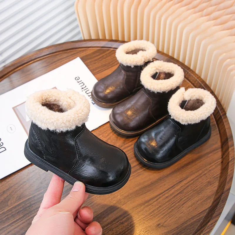 Winter Children's Boots Fashion Simple Style Girl's Ankle Boot Causal Versatile Black Kid Short Leather Boots Side Zipper 22-31