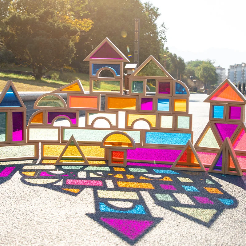 Oversized Rainbow Wooden Acrylic Stacker Grimm Style Building Blocks Kids