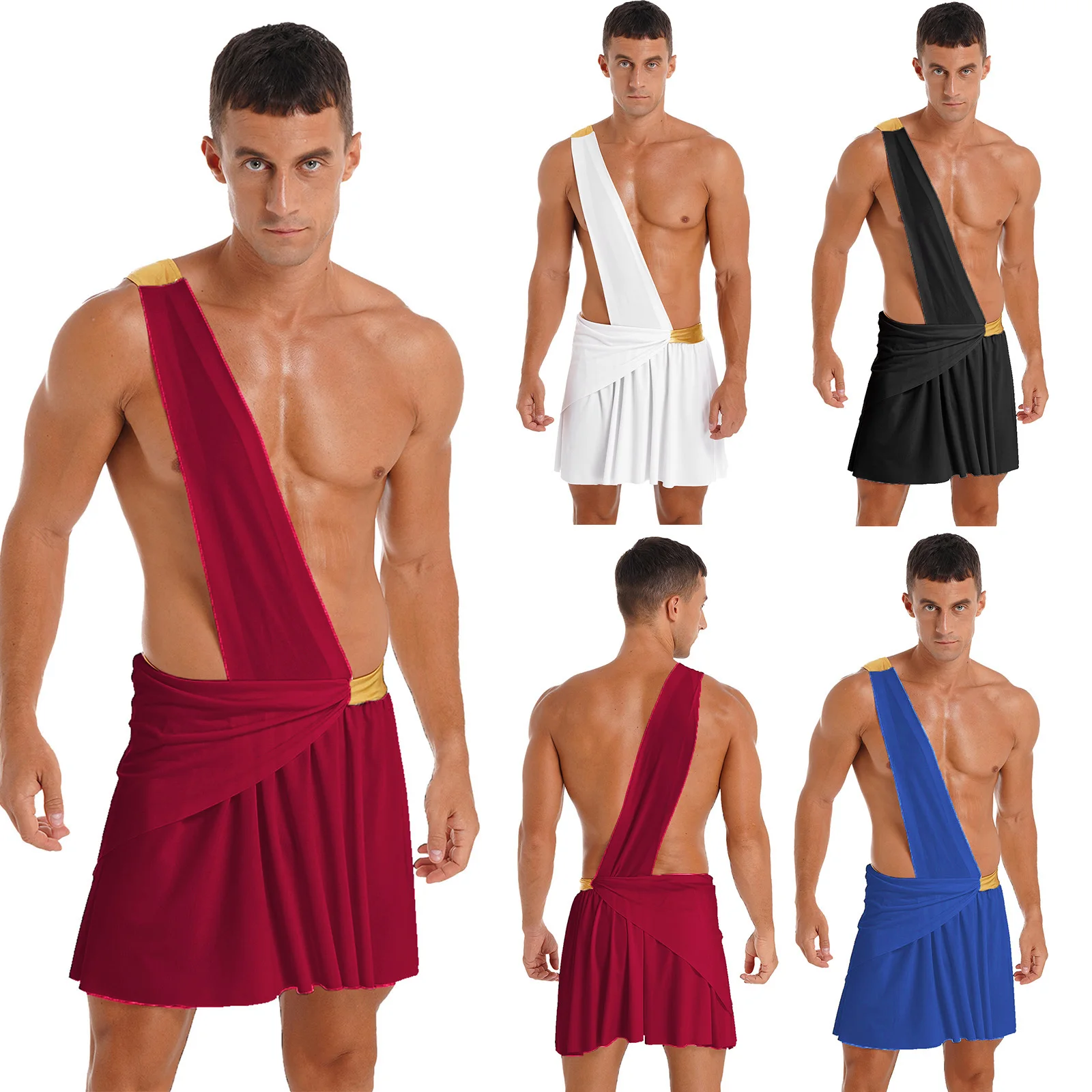 Men\'s Ancient Greek God Toga Costume One-Shoulder Harness Mr. Prince Party Costume Ancient Greek Skirt Halloween Cosplay Outfit