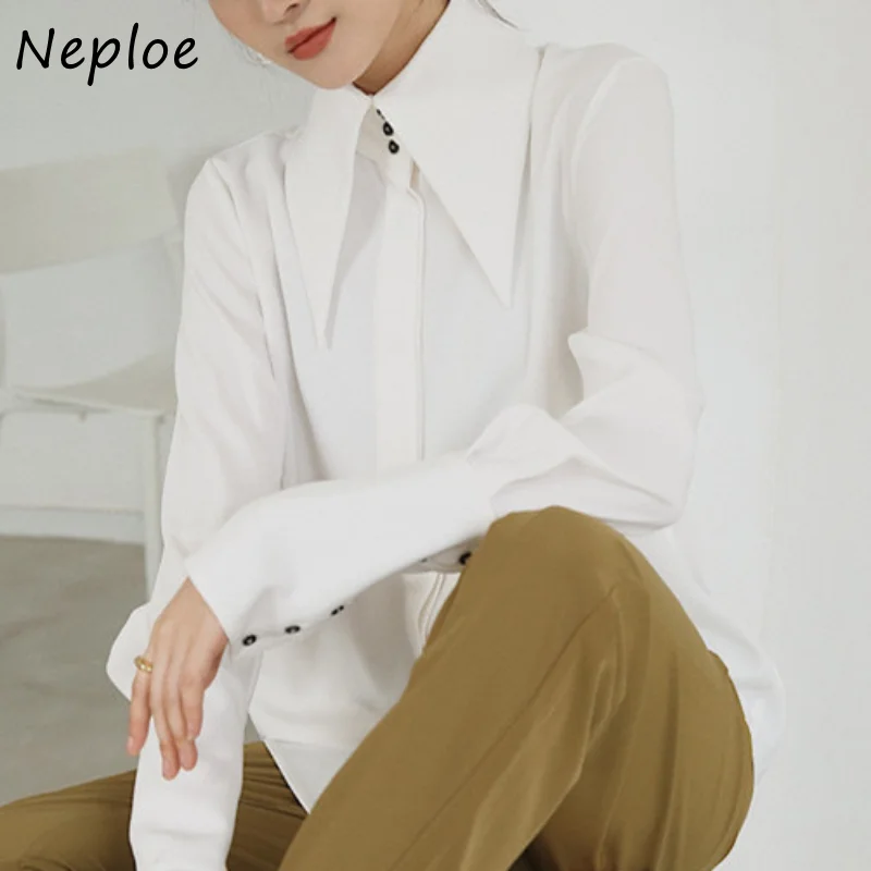 Neploe Turn Down Collar Solid Color Long Sleeve Shirts Early Spring Vintage Blusas Mujer De Moda 2024 Single-breasted Blouses