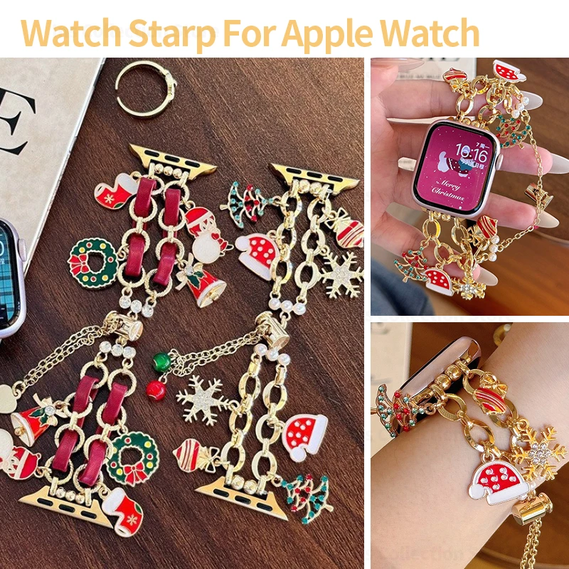 Christmas Metal Chain Band for Apple Watch Series 12 Ultra4 49 45 41 46mm Snowflake Santa Hat Strap Jewelry Watch Band Xmas Gift