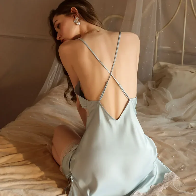 セクシーなパジャマ女性レースストラップシルクサテン-v-ネックネグリジェ分割裾ソフトランジェリーナイトドレスノースリーブパジャマ女性クロ
