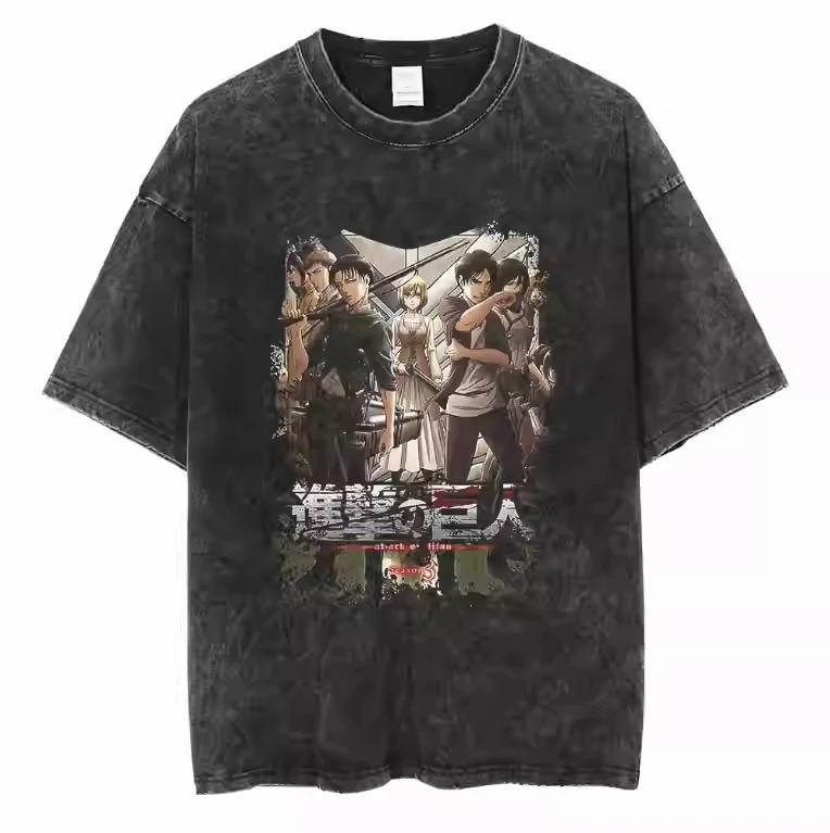 

2025 Classic Japanese Attack on Titan Cartoon Anime High Street Vintage Washed Short-sleeved T-shirt Change Variety Luxury Brand