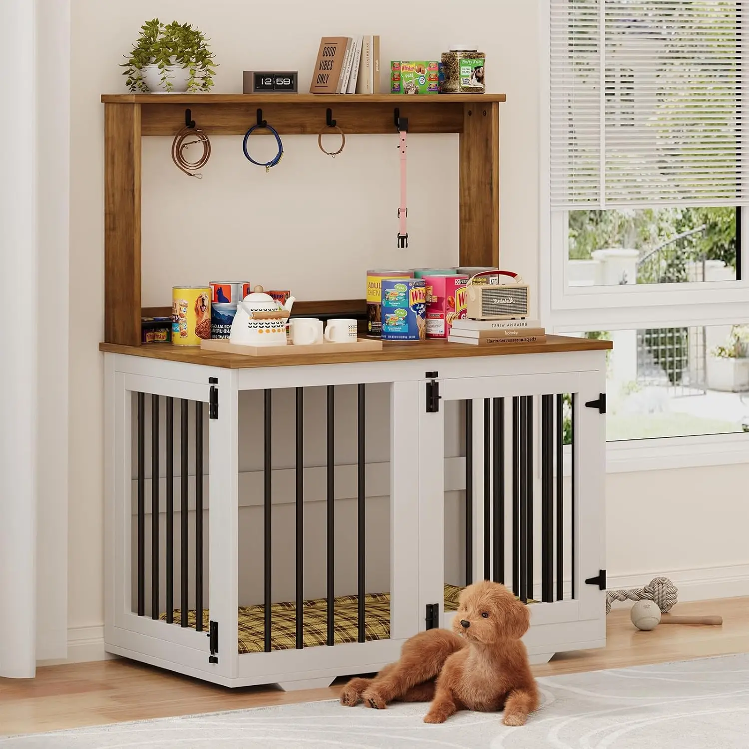 Indoor Use, Wooden Dog Crate, White Color, with Storage Shelf and 4 Hooks for Small/Medium Dogs