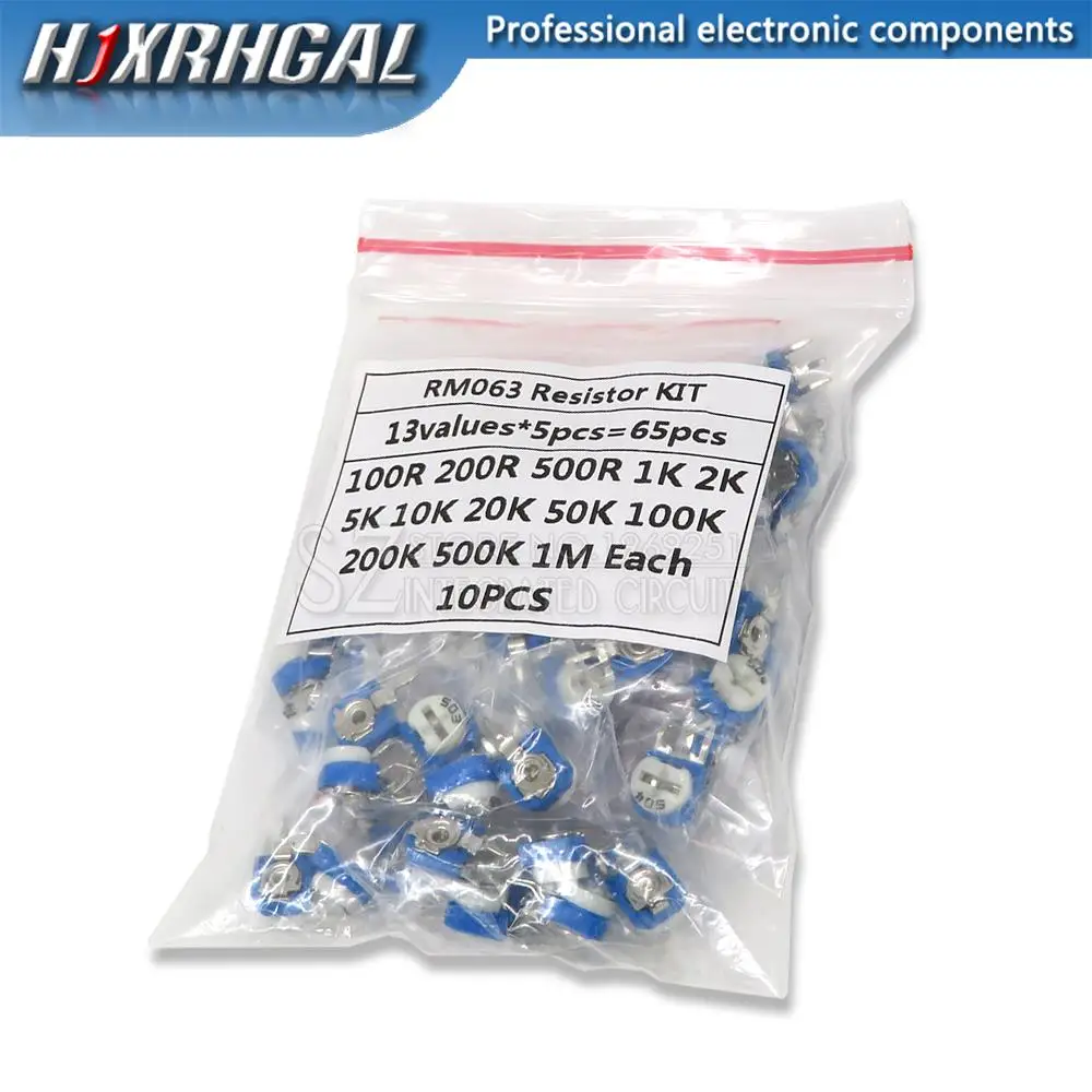 65PCS RM063 Trimmer Potentiometer Adjustable Resistor Kit 500R 1K 5K 10K 20K 50K 100K 200K 500K 1M RM-063 Variable Resistors