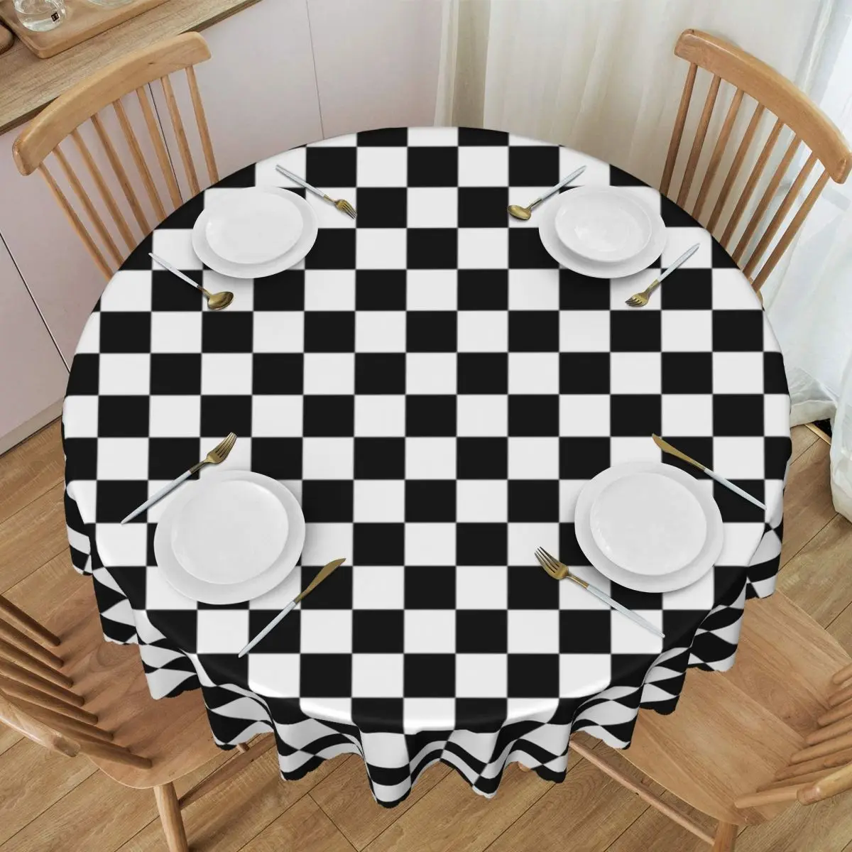 Custom Round Black White Checkerboard Tablecloth Waterproof Oil-Proof Table Cover 60 inch F-1 Sport Car Racing Table Cloth