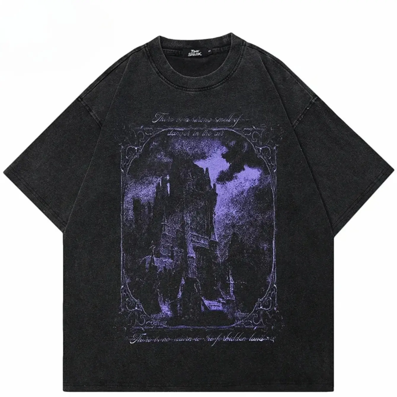 EWH Hip Hop Cotton T-Shirt Washed Black Streetwear Vintage Purple Graphic Horror Castle Men Tops Tees Unisex Y2K