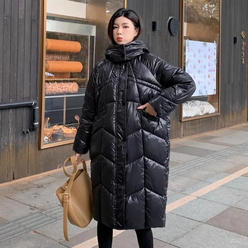 Warm Winter Puffy Hooded Long Women Parkas Glossy Thick Cotton Padded Windproof Parcas Overcoat Casual Loose Snow Wear Jaquetas