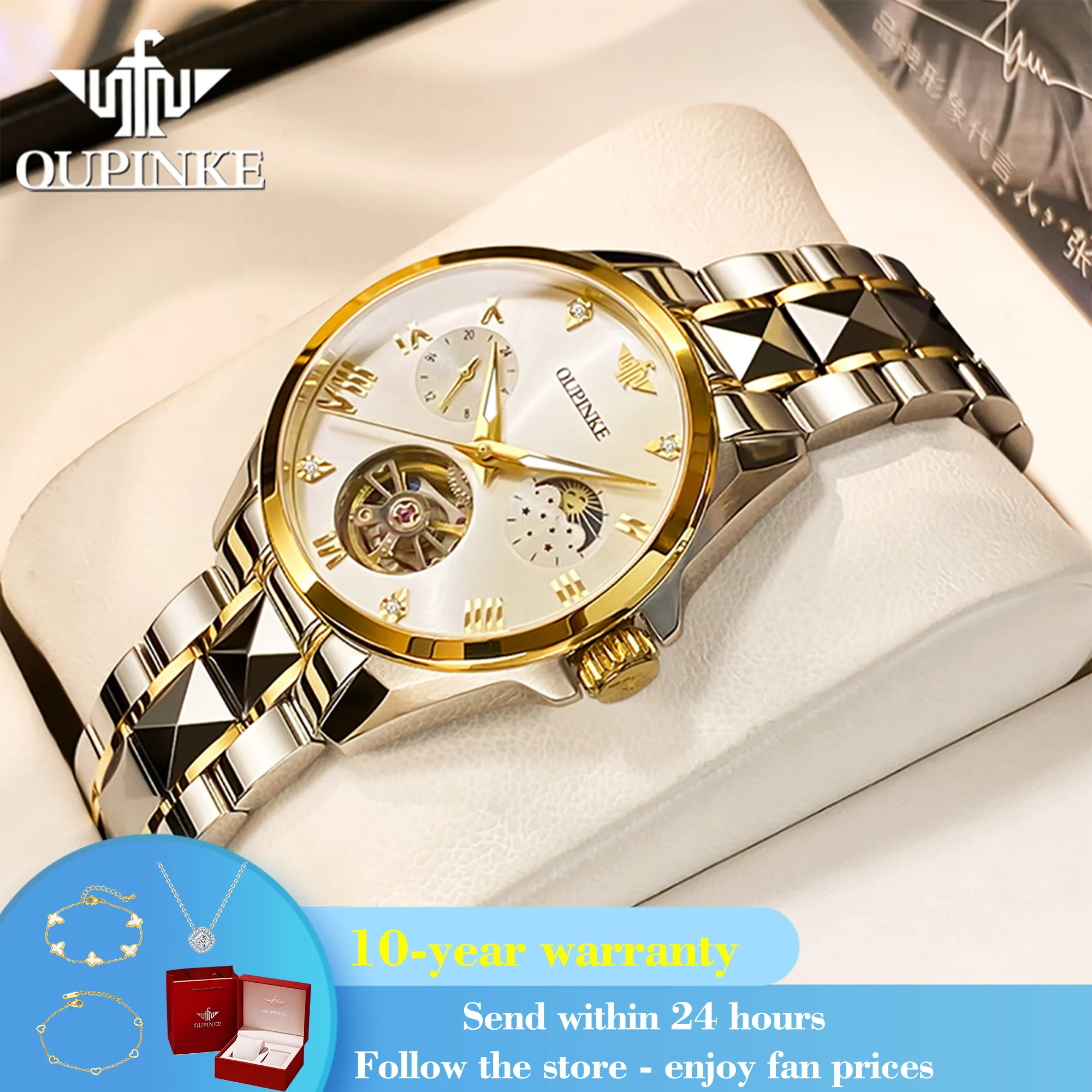 OUPINKE 3202 Moonswatch Luxury Mechanical Watch For Women Hollow Skeleton Roman Scale Wristwatch Waterproof Automatic Watches