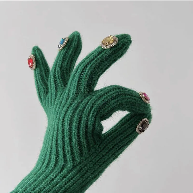 Winter Touch Screen Knitted Gloves Women Solid Fluffy Work Warm Riding Gloves Female Y2k Harajuku Crystal Decoration Mittens