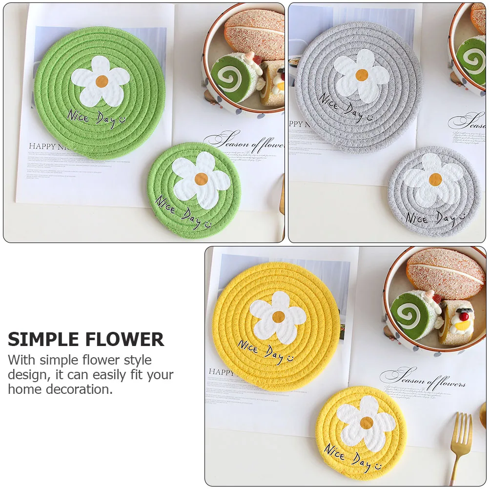 

6pcs Handmade Cotton Braided Placemat Heat Insulated Mats Flower Pattern Protective Coasters For Dining Table Woven Tableware