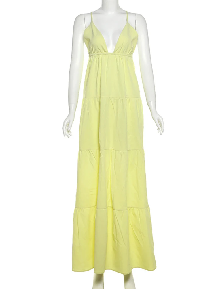 Fantoye Sexy Deep V-neck Women Maxi Dress Yellow Spaghetti Strap Evening Dress Female Summer Loose Elegant Party Clubwear 2024