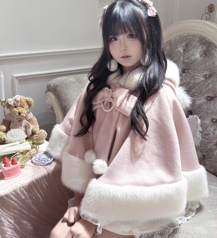 

Sweet Cute Furry Bow Hooded Cloak Autumn and Winter New Girl Women's Lolita Fleece Poncho Thickened Warm Cape Jacket Outwear