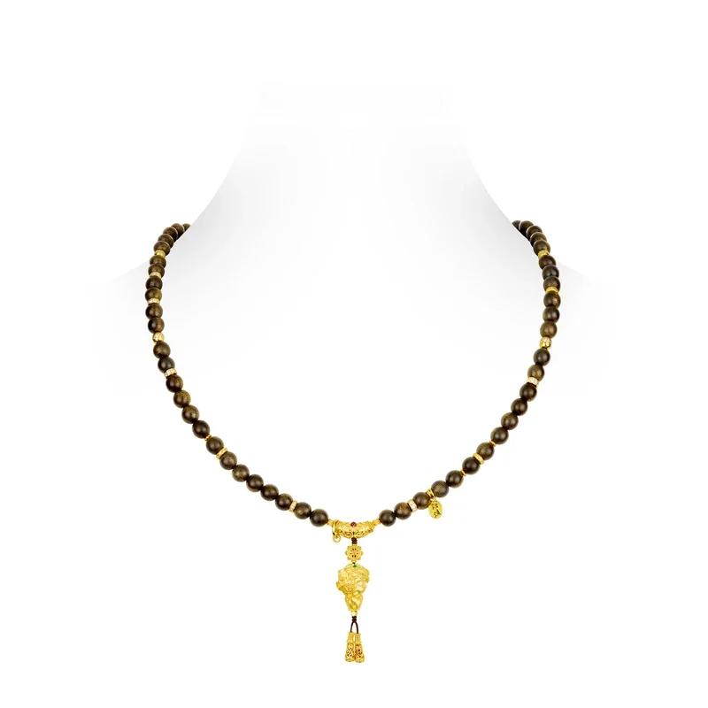 

BELLUX 925 Silver Synthetic Zircon Gold Carving Doll Brown Beads Vintage Bohemian Necklace