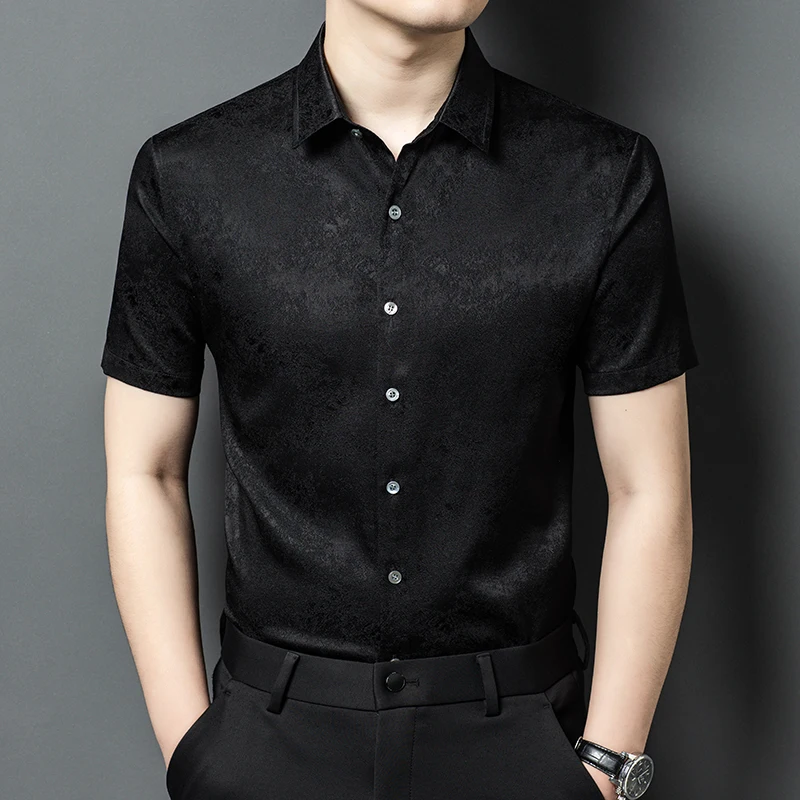 Jacquard Elastic Silk Spandex Shirts For Men Short Sleeve Casual Summer Quality Coolness Anti-Wrinkle Handsome Camisas De Hombre