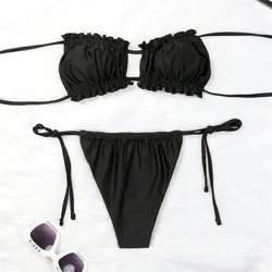 Black String Bikini Push Up Bandeau Swimsuit Ruched Pleated Vacation Swimwear Backless Beach Outfit Women Bathing Suit Sexys Set