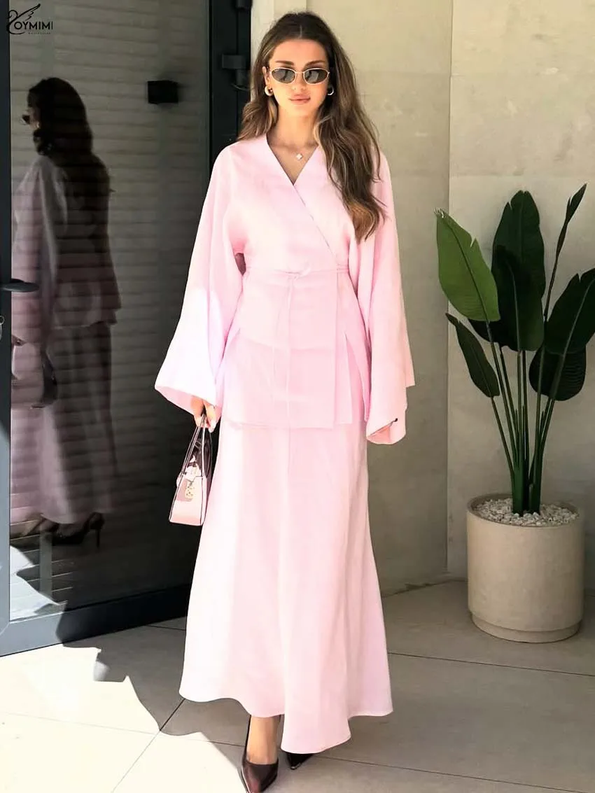 

Oymimi Elegant Pink Cotton Two Piece Outfits Woman Casual V-Neck Long Sleeve Lace-Up Shirts And Simple Ankle-Length Skirts Sets