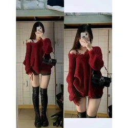 Sweater Vintage Christmas Red Woman Autumn and Winter Thick Slouchy Style Loose Pullover V-neck Outside Knitwear Top Trendy