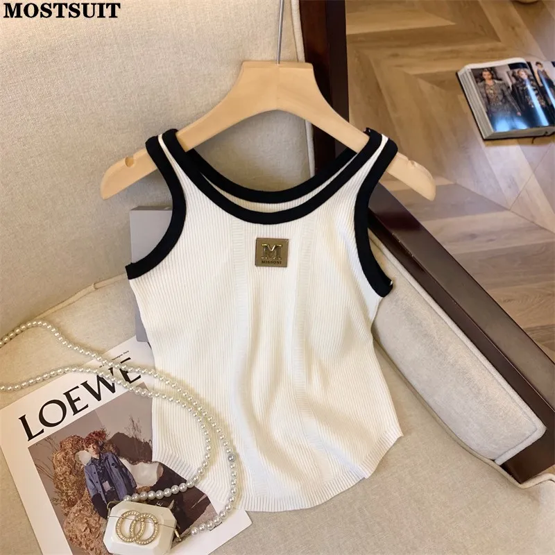 Sexy Slim Knit Sweater Vests For Women Summer Color Blocking Sleeveless O-neck Crop Tops Stylish Chic Sport Vest Knitwear Jumper