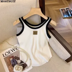 Sexy Slim Knit Sweater Vests For Women Summer Color Blocking Sleeveless O-neck Crop Tops Stylish Chic Sport Vest Knitwear Jumper